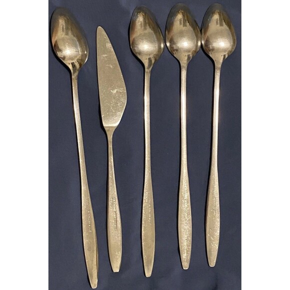 VTG Eldan ELD18 Stainless Steel Flatware Japan Roses 4 Ice Tea Spoons + 1 Knife - Picture 7 of 15